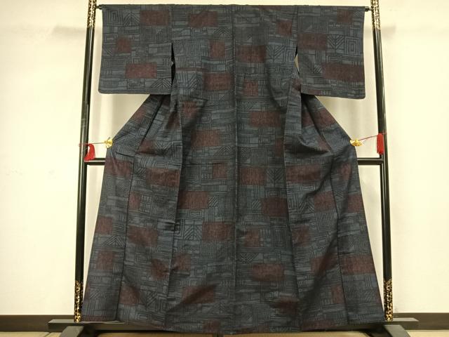 平和屋着物▽上質な紬 単衣 色紙文 正絹 逸品 AABD0013fy