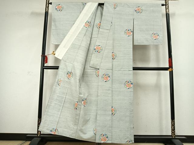 平和屋着物▽上質な紬 単衣 枝花丸文 正絹 逸品 AABD0014fy
