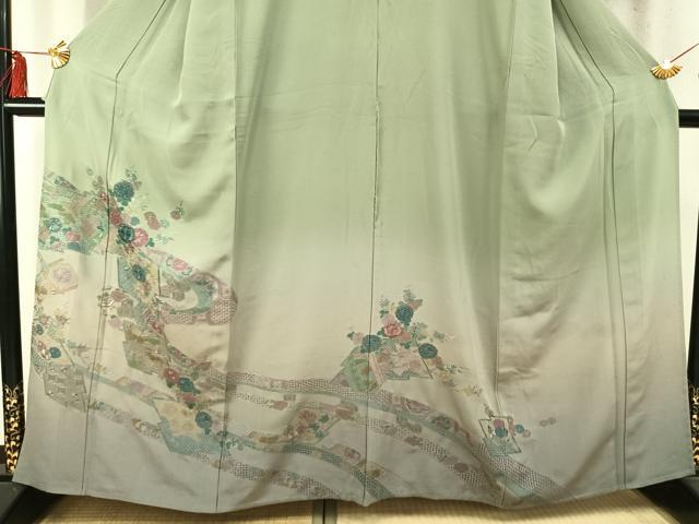 平和屋着物▽訪問着 単衣 中国三大刺繍 汕頭刺繍 スワトウ刺繍 草花文 暈し染め 金銀糸 正絹 逸品 AABD0026fy