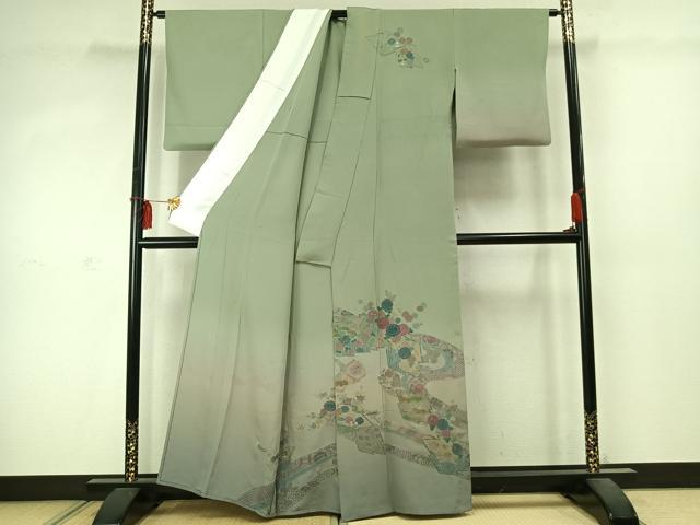 平和屋着物▽訪問着 単衣 中国三大刺繍 汕頭刺繍 スワトウ刺繍 草花文 暈し染め 金銀糸 正絹 逸品 AABD0026fy
