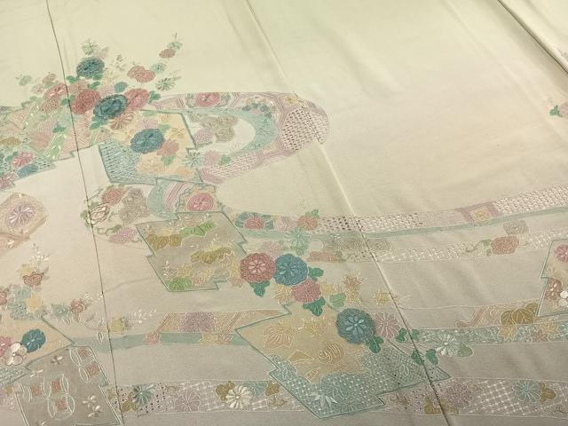 平和屋着物▽訪問着 単衣 中国三大刺繍 汕頭刺繍 スワトウ刺繍 草花文 暈し染め 金銀糸 正絹 逸品 AABD0026fy