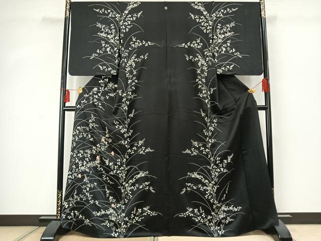 平和屋着物▽訪問着 単衣 刺繍 花蝶文 黒地 正絹 逸品 AABD0032fy