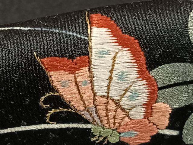 平和屋着物▽訪問着 単衣 刺繍 花蝶文 黒地 正絹 逸品 AABD0032fy