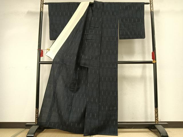 平和屋着物▽本塩沢 単衣 亀甲文様 正絹 逸品 AABD0046fy