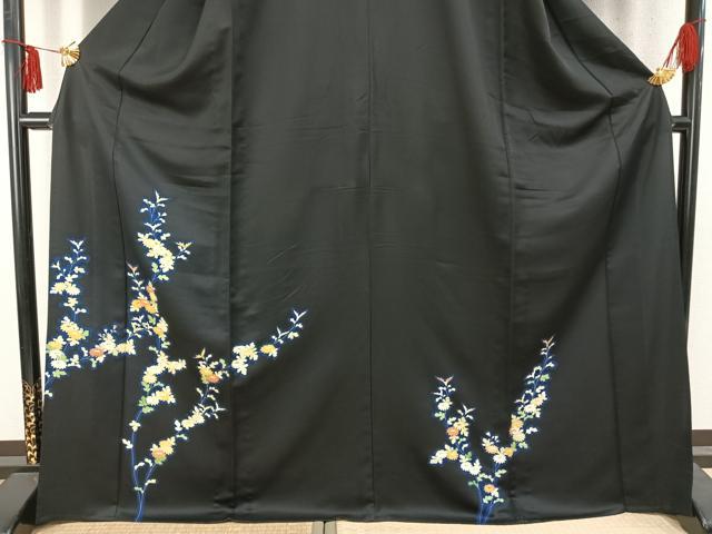平和屋着物▽訪問着 単衣 草花文 黒地 正絹 逸品 AABD0056fy
