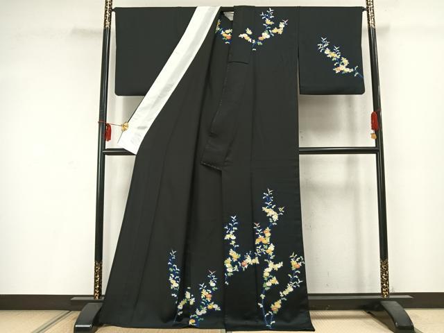 平和屋着物▽訪問着 単衣 草花文 黒地 正絹 逸品 AABD0056fy