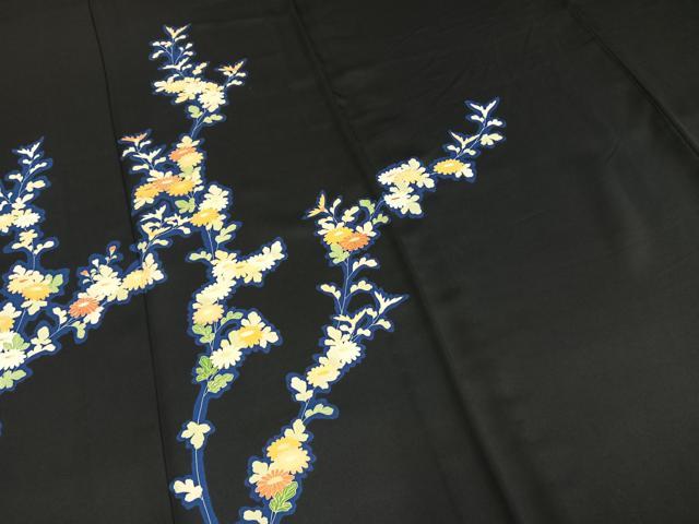 平和屋着物▽訪問着 単衣 草花文 黒地 正絹 逸品 AABD0056fy