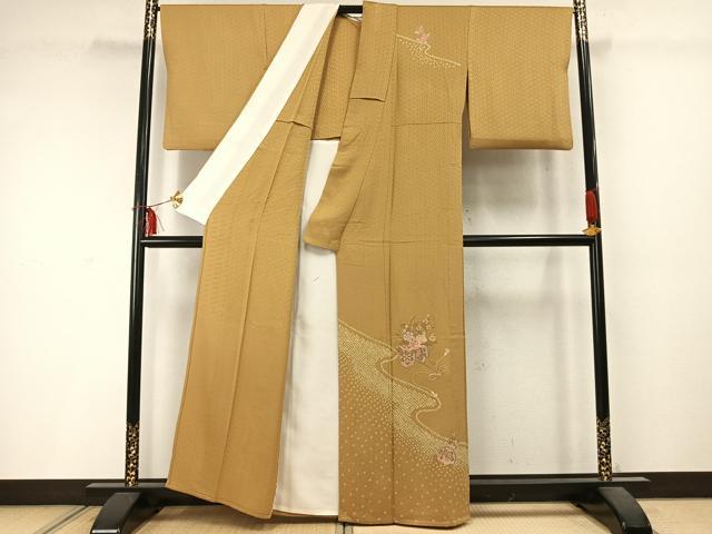 平和屋着物▽訪問着 単衣 駒刺繍 片輪車花文 正絹 逸品 AABD0058fy