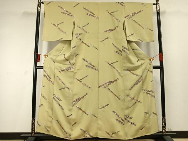 平和屋着物▽上質な小紋 単衣 熨斗花文 金彩 鬼しぼ縮緬 正絹 逸品 AABD0071fy