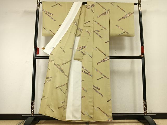 平和屋着物▽上質な小紋 単衣 熨斗花文 金彩 鬼しぼ縮緬 正絹 逸品 AABD0071fy