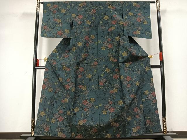 平和屋着物▽上質な紬 単衣 唐草花文 正絹 逸品 AABD0080fy
