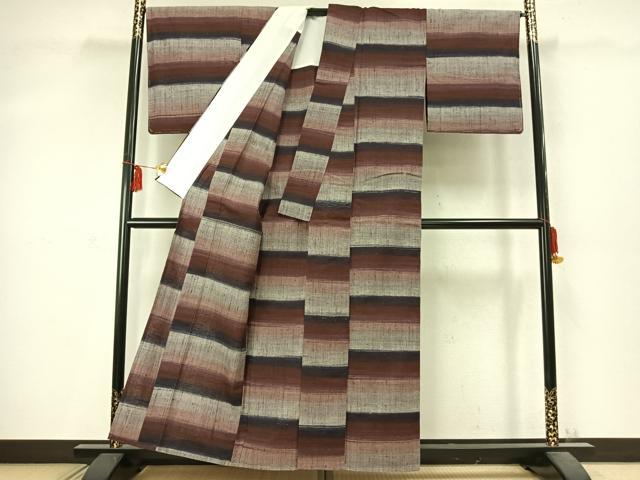 平和屋着物▽上質な紬 単衣 横段文 正絹 逸品 AABD0099fy