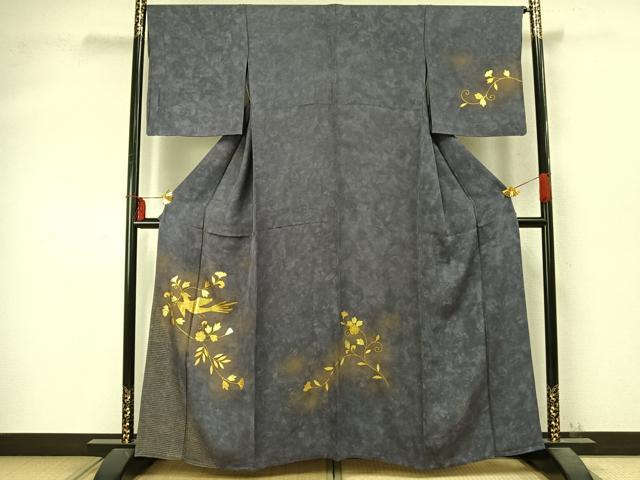平和屋着物▽訪問着 単衣 花鳥文 金銀彩 正絹 逸品 AABD0101fy