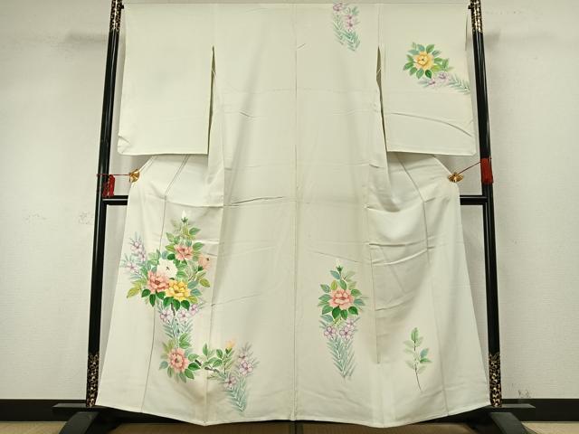 平和屋着物▽訪問着 単衣 手描き 草花文 正絹 逸品 AABD0132fy