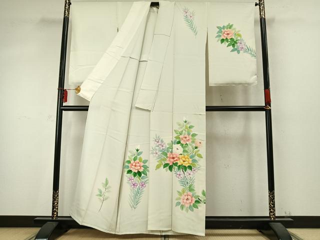 平和屋着物▽訪問着 単衣 手描き 草花文 正絹 逸品 AABD0132fy