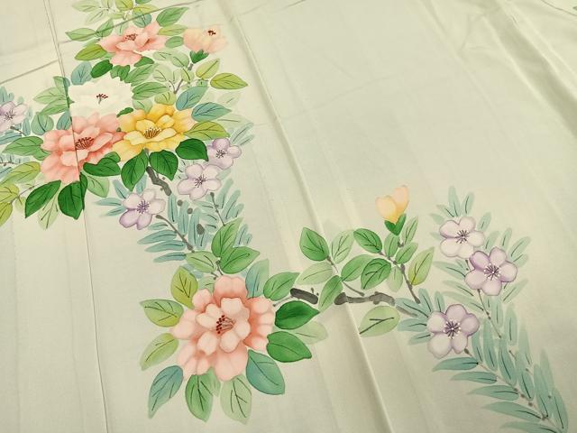 平和屋着物▽訪問着 単衣 手描き 草花文 正絹 逸品 AABD0132fy