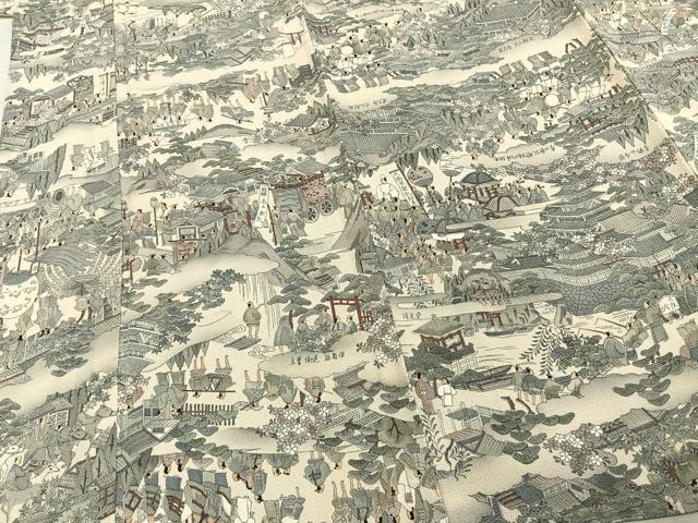 平和屋着物▽手染屋 吉兵衛 小紋 単衣 日本の名画 祭礼絵図名作集 風景人物文 浜ちりめん 鬼しぼ縮緬 反端付き 逸品 未使用 AABD0158fy