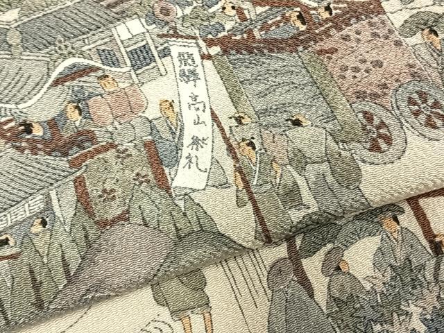 平和屋着物▽手染屋 吉兵衛 小紋 単衣 日本の名画 祭礼絵図名作集 風景人物文 浜ちりめん 鬼しぼ縮緬 反端付き 逸品 未使用 AABD0158fy