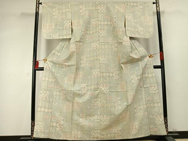 平和屋着物▽上質な紬 単衣 幾何学文様 正絹 逸品 AABD0166fy