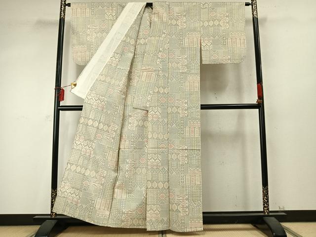 平和屋着物▽上質な紬 単衣 幾何学文様 正絹 逸品 AABD0166fy
