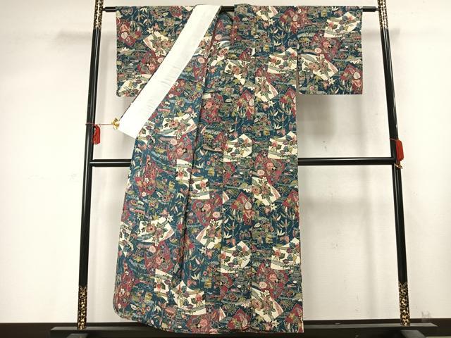 平和屋着物▽上質な小紋 単衣 型染め 切嵌風景花文 鬼しぼ縮緬 正絹 逸品 AABD0171fy