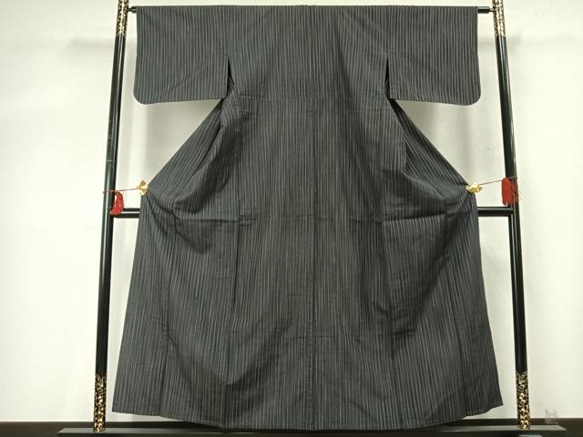 平和屋着物▽上質な紬 単衣 刺子 縞 黒地 正絹 逸品 AABD0172fy
