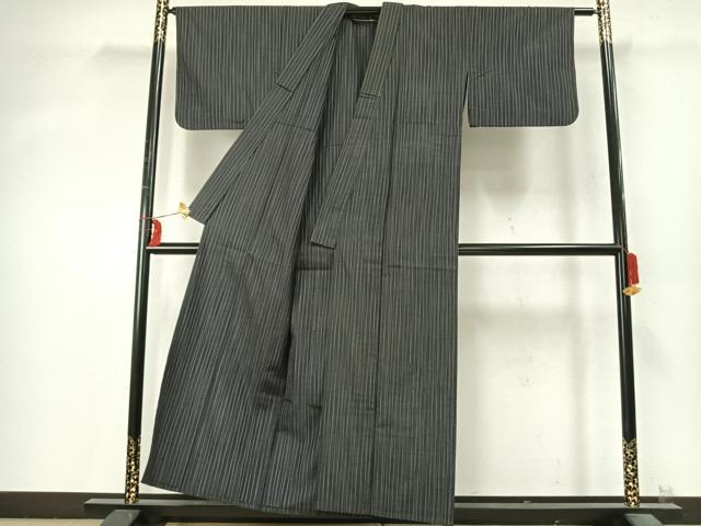 平和屋着物▽上質な紬 単衣 刺子 縞 黒地 正絹 逸品 AABD0172fy