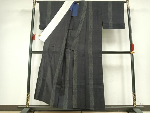 平和屋着物▽結城ちぢみ 単衣 80亀甲 間道 正絹 逸品 AABD0173fy