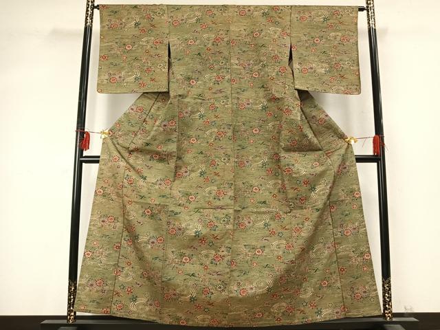 平和屋着物▽上質な小紋 単衣 紬地 型染め 花鳥文 正絹 逸品 AABD0186fy