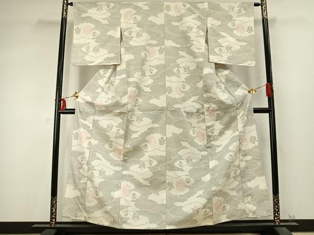 平和屋着物▽本塩沢 単衣 雲取り花文 正絹 逸品 未使用 AABD0187fy