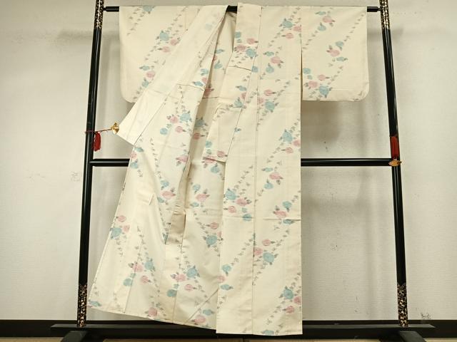平和屋着物▽上質な紬 単衣 草花文 正絹 逸品 AABD0188fy