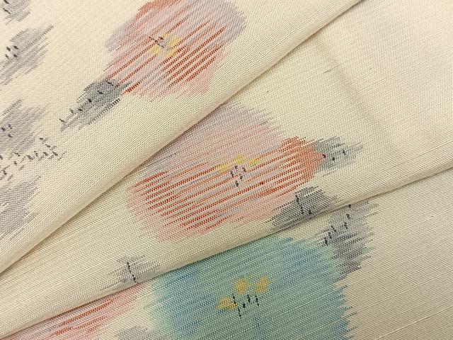 平和屋着物▽上質な紬 単衣 草花文 正絹 逸品 AABD0188fy