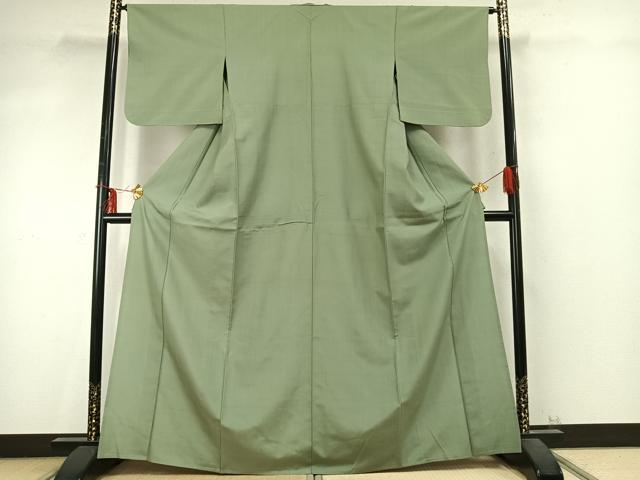 平和屋着物▽上質な紬 単衣 色無地 山葵色 正絹 逸品 AABD0190fy