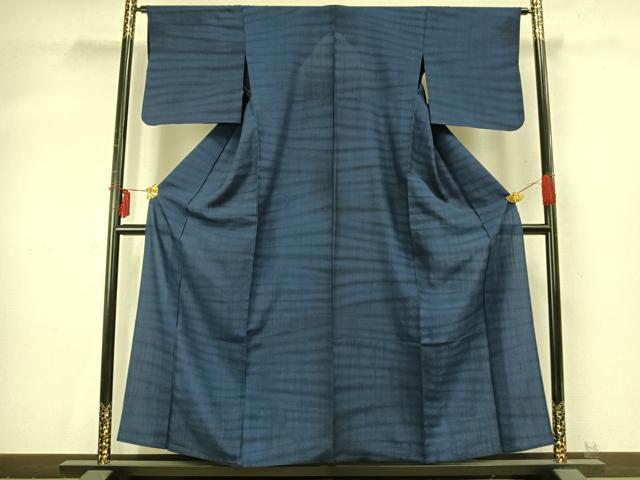 平和屋着物▽上質な紬 単衣 藍 横縞 正絹 逸品 AABD0195fy