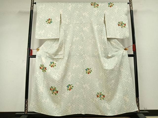 平和屋着物▽訪問着 単衣 檜垣草花丸文 正絹 逸品 AABD0197fy