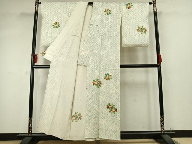 平和屋着物▽訪問着 単衣 檜垣草花丸文 正絹 逸品 AABD0197fy