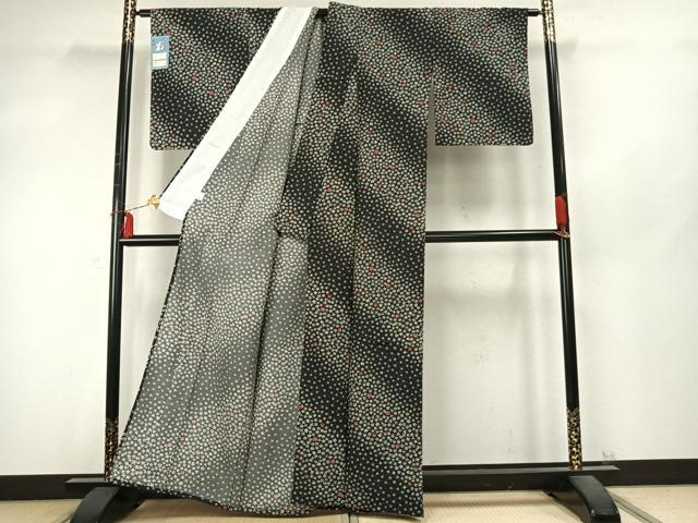 平和屋着物▽小紋 単衣 花尽くし 黒地 洗える着物 AABD0207fy