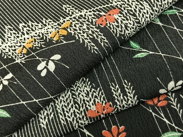 平和屋着物▽小紋 単衣 草花文 黒地 洗える着物 AABD0208fy