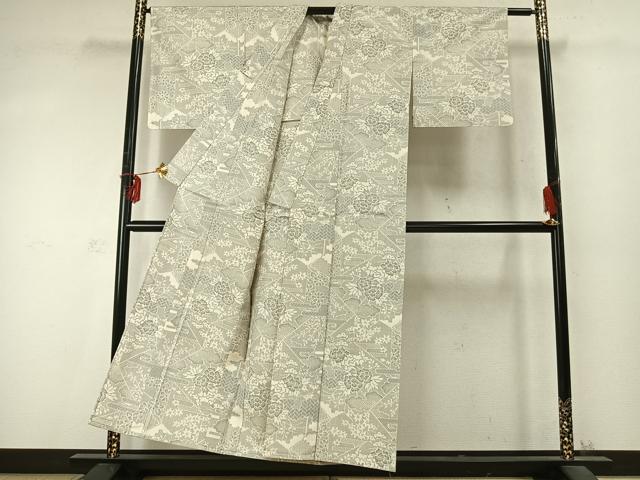 平和屋着物▽上質な紬 単衣 切嵌花文 正絹 逸品 AABD0221fy