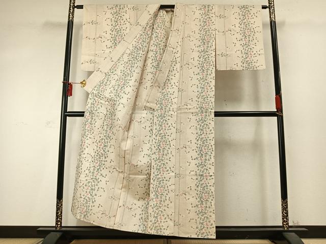 平和屋着物▽上質な紬 単衣 花唐草文 正絹 逸品 AABD0224fy