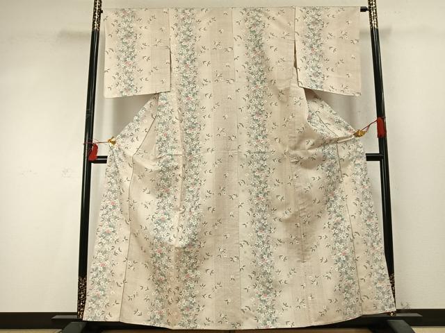 平和屋着物▽民芸紬 単衣 草花文 反端付き 正絹 逸品 未使用 AABD0226fy