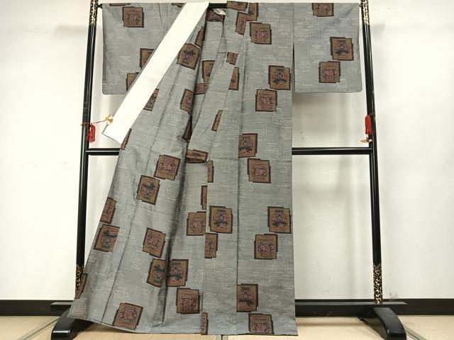 平和屋着物▽上質な紬 単衣 色紙重ね陶器文 正絹 逸品 AABD0231fy