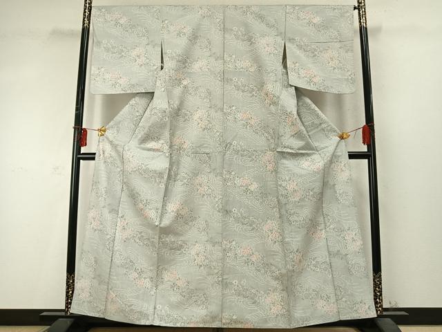 平和屋着物▽上質な紬 単衣 草花文 正絹 逸品 AABD0248fy