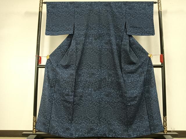 平和屋着物▽上質な小紋 単衣 藍 型染め 草花文 正絹 逸品 AABD0334fy
