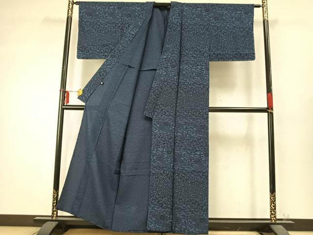 平和屋着物▽上質な小紋 単衣 藍 型染め 草花文 正絹 逸品 AABD0334fy