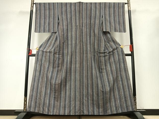平和屋着物▽上質な紬 単衣 縞 正絹 逸品 AABD0336fy