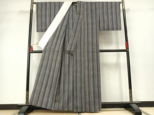 平和屋着物▽上質な紬 単衣 縞 正絹 逸品 AABD0336fy