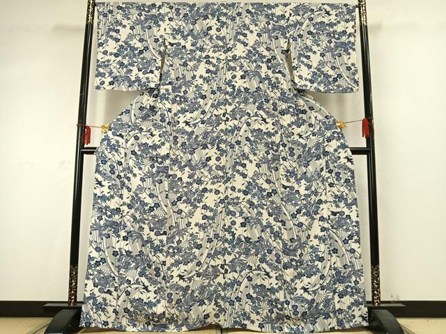 平和屋着物▽上質な小紋 単衣 型染め 扇面花鳥文 鬼しぼ縮緬 正絹 逸品 AABD0371fy