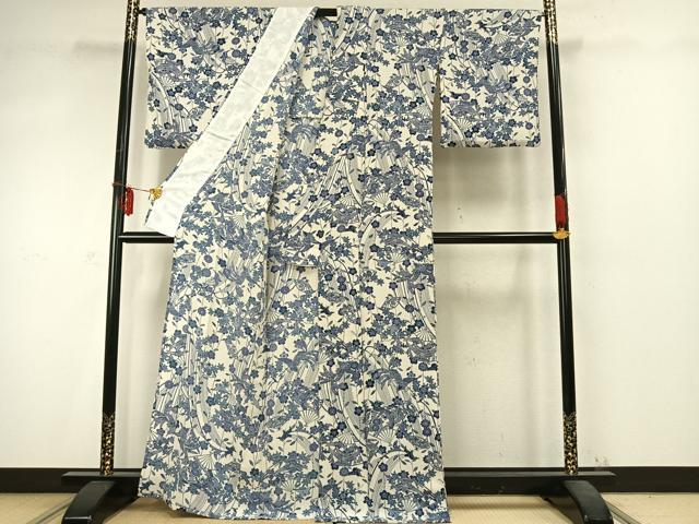 平和屋着物▽上質な小紋 単衣 型染め 扇面花鳥文 鬼しぼ縮緬 正絹 逸品 AABD0371fy