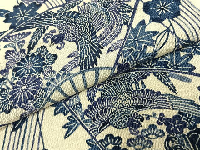 平和屋着物▽上質な小紋 単衣 型染め 扇面花鳥文 鬼しぼ縮緬 正絹 逸品 AABD0371fy